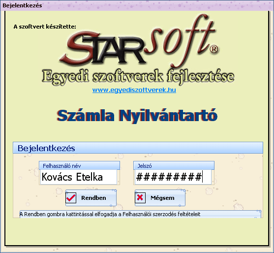 Számla nyilvántartó szoftver bejelentkezési képernyõ